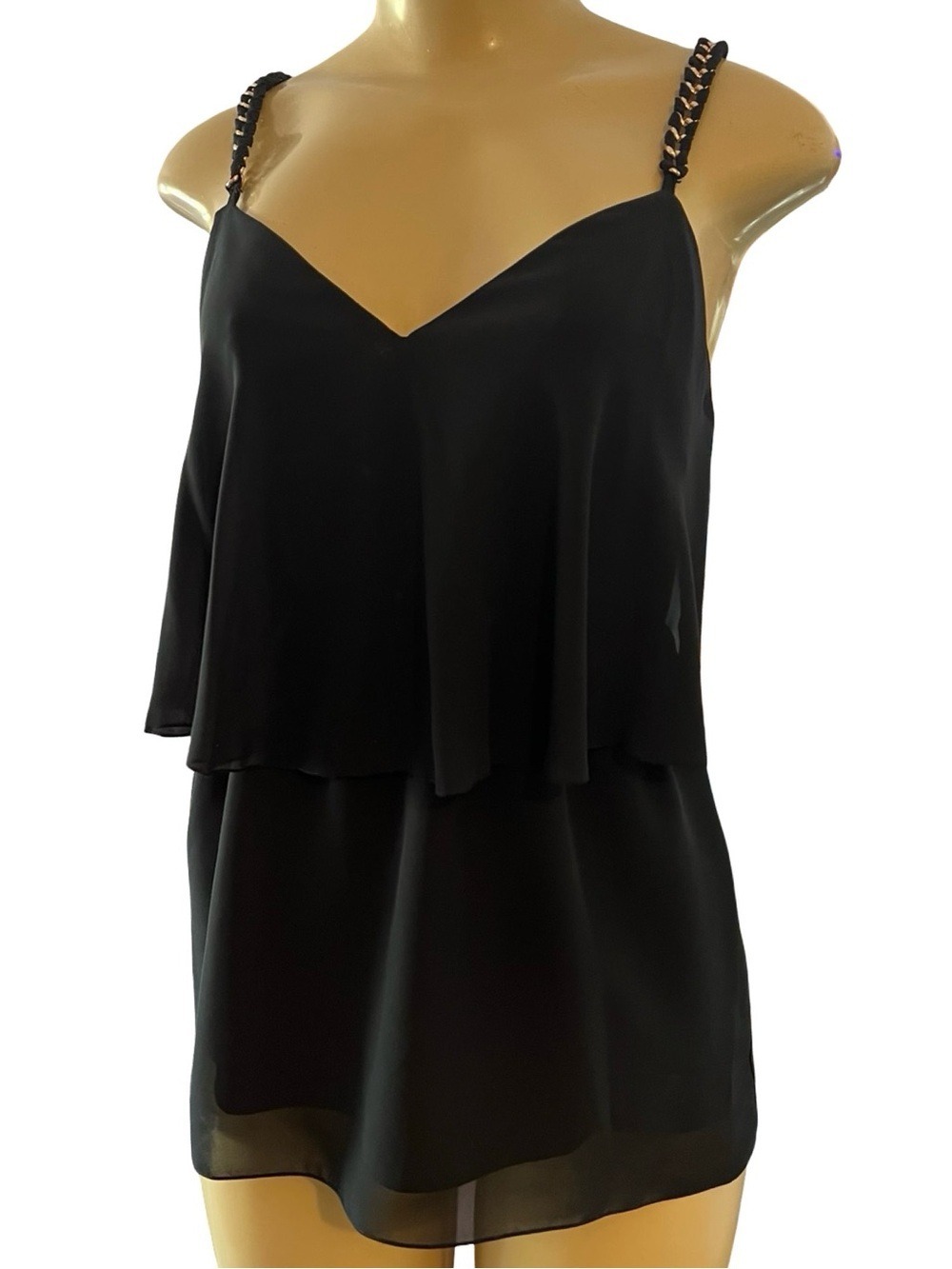 Thalia Sodi Black Layered Chiffon Chain Strap Cami Tank Top S/CH NWT $50